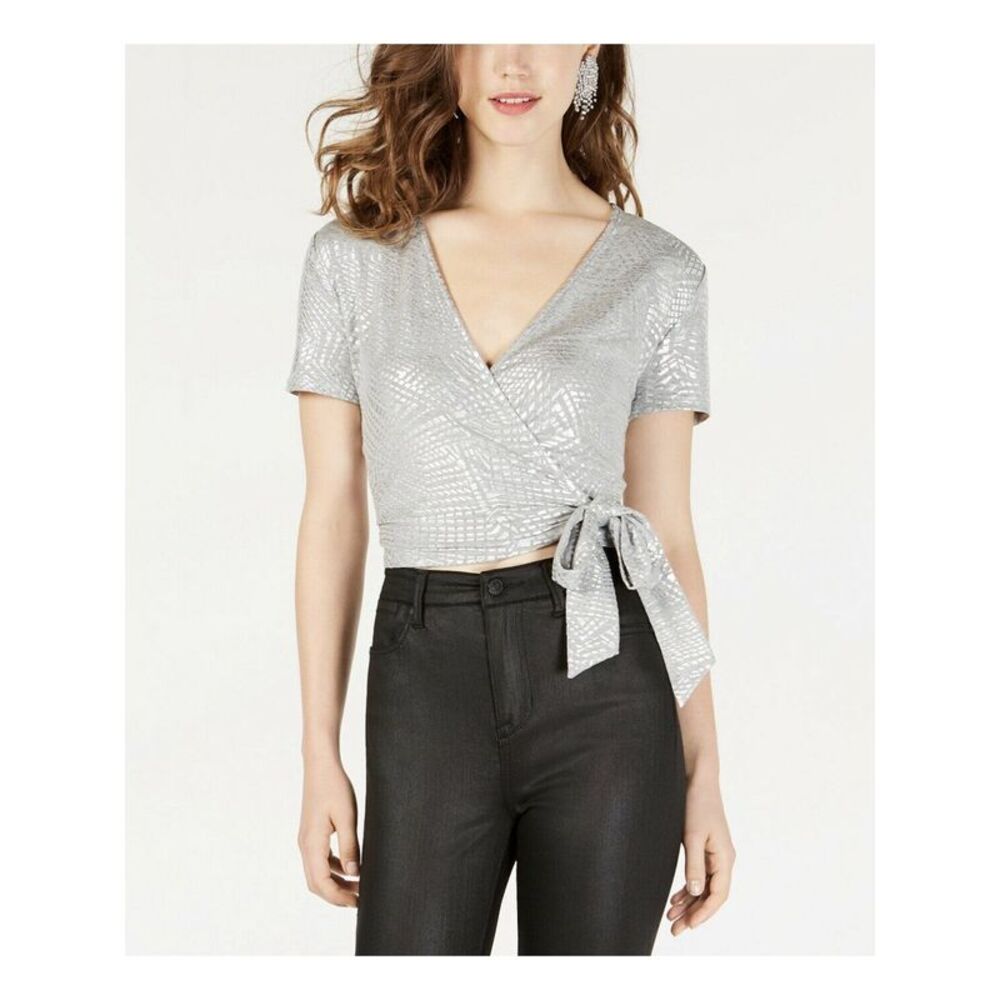 NWT GYPSIES & MOONDUST Womens Top Faux Wrap Silver Short Sleeve Juniors XS
